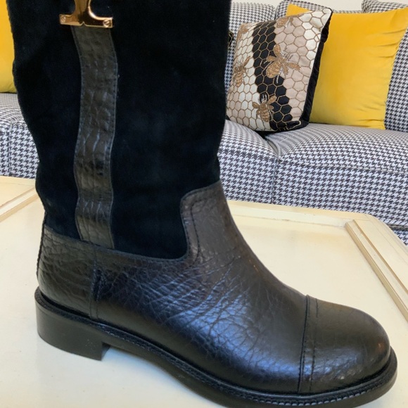 BEAUTIFUL TORY BURCH BLACK COREY MID CALF FLAT LEATHER SUEDE BOOTS SIZE 6.5 - Picture 10 of 16